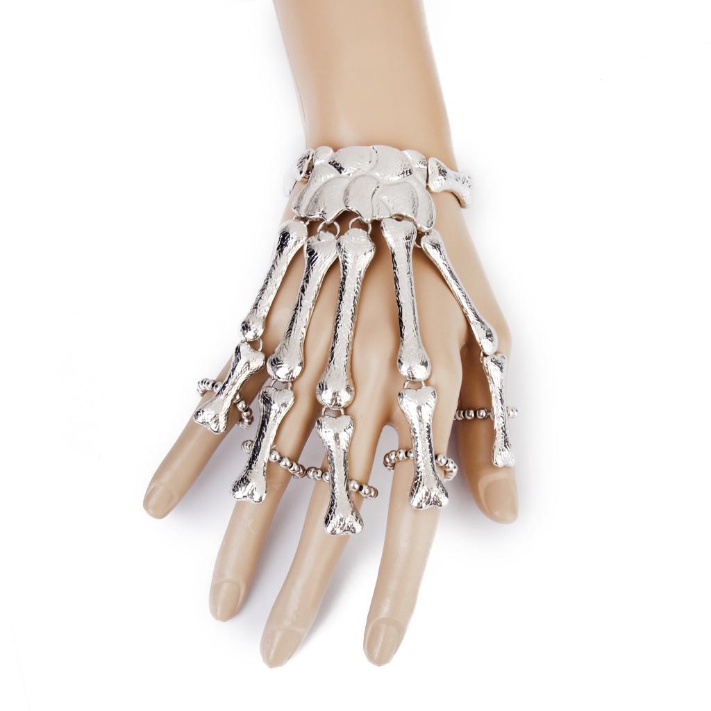 Fashion Punk Silver Skeleton Hand Chain Fingers Bracelet Ring