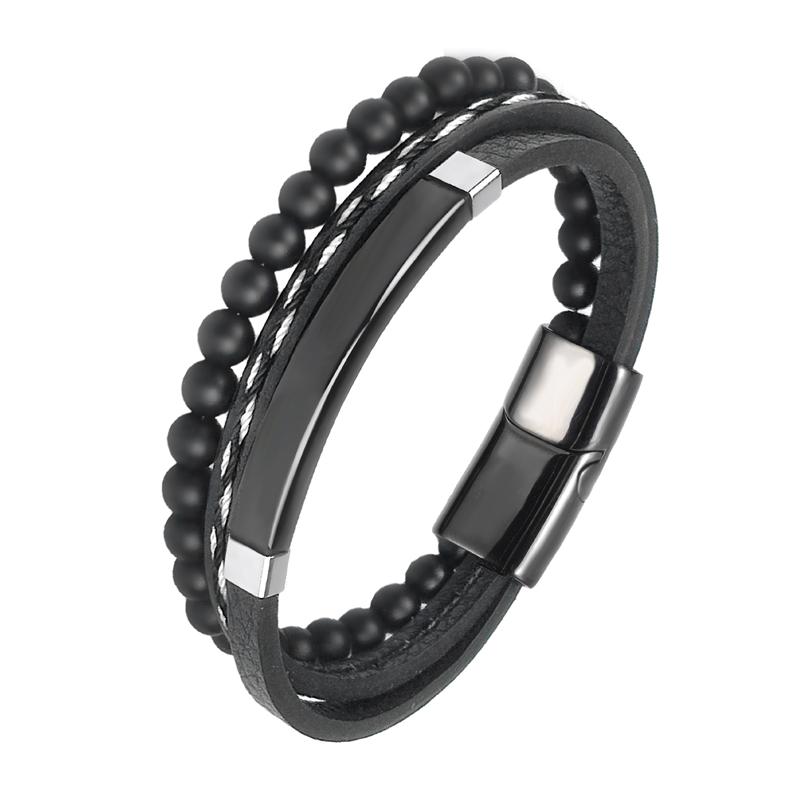 MingAo Charm Herrenschmuck Naturstein Mehrschichtiges Lederarmband Schwarzer Edelstahl Magnetischer Verschluss Tigerauge Perlenarmband