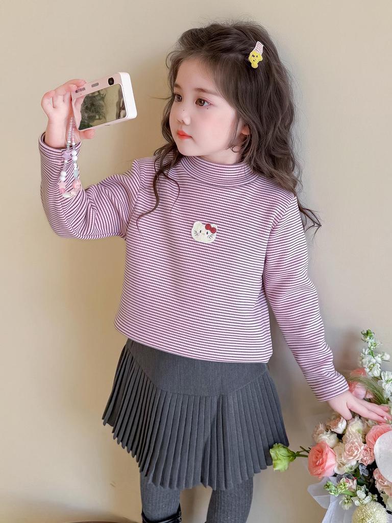 Girls' Fleece-Lined Long-Sleeve T-Shirt - Autumn/Winter Semi-High Collar Top