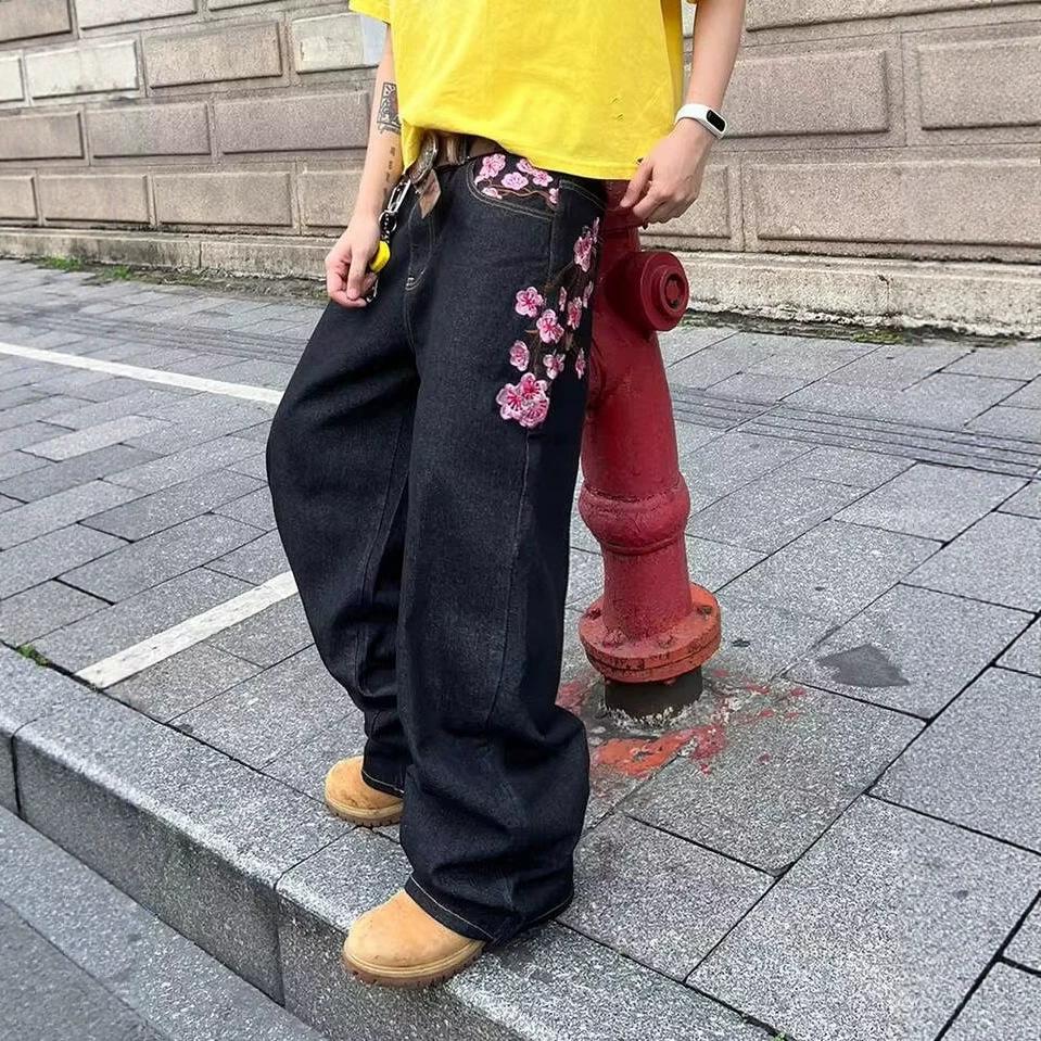 Street American retro heavy industry plum blossom embroidery loose jeans y high street design jeans