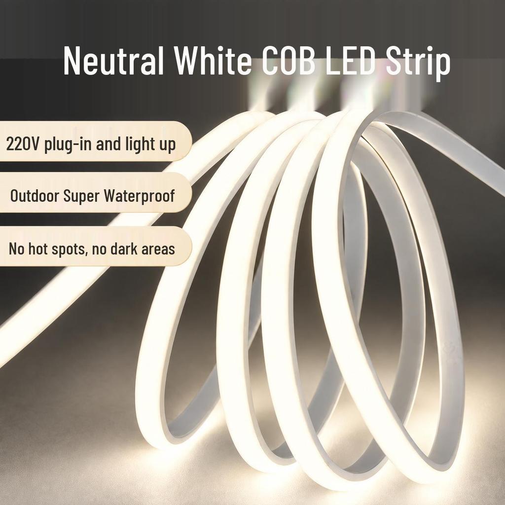 220V Plug-in COB LED Strip Light, Waterproof, Self-Adhesive, Flexible Silicone for Outdoor Use