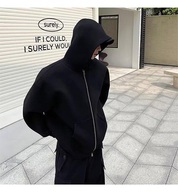 2024 Autumn/Winter American Style Heavyweight Double Zipper Hoodie - Trendy Solid Color Cardigan with Air Layer and Cool Design