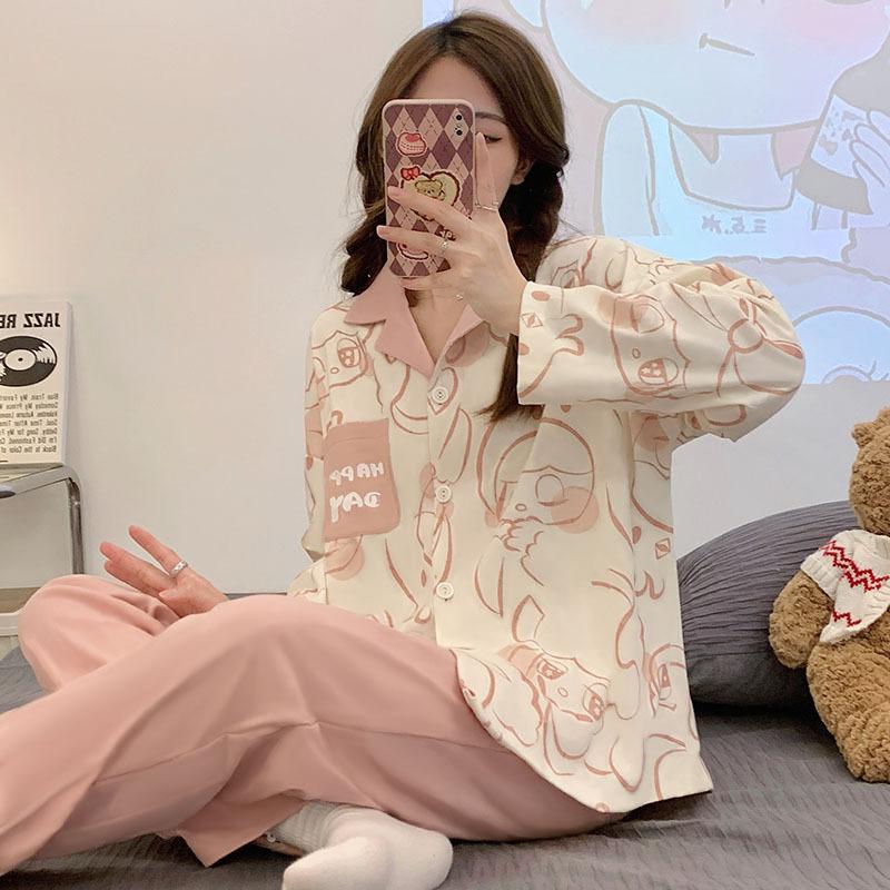 Pajamas women's spring and autumn imitation cotton high value fresh and sweet love women's long-sleeved trousers set loose loungewear