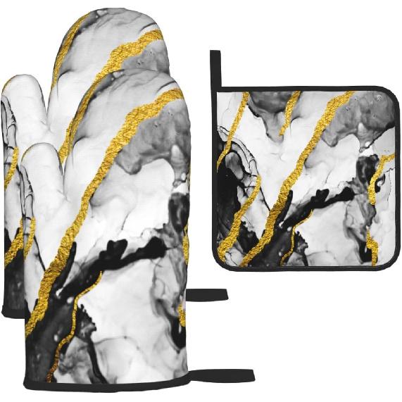 Cute Black Mushroom Fairy Tale Oven Mitts and Pot Holders Sets of 3, Heat Resistant Black Hot Pads Witchy Oven Gloves for Cooking Grilling Baking