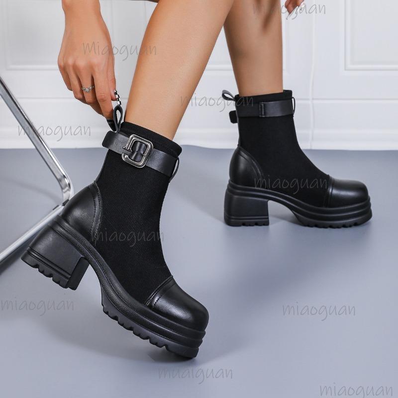 

Plus Size 36-43 Platform Ankle Boots 2026 Autumn Chunky Heel British Style Belt Buckle Booties Women s Fashion Leather Shoes 43 чорний