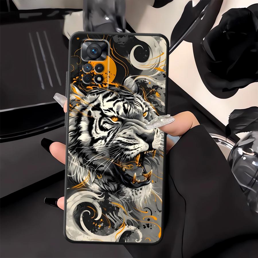 Black Soft Phone Cover Case for Xiaomi Redmi Note 11s 10S 13 14 Pro Plus 12s 7 8 9 10 11 12 9S Cool Silver Tiger