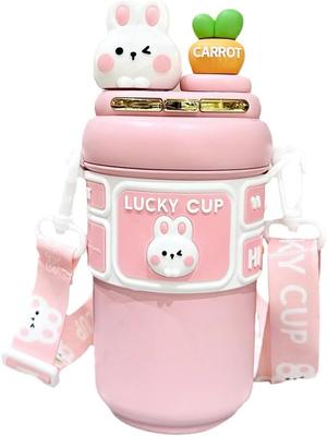 Cute Stainless Steel Water Bottle with Straw and 550ML Rabbit Insulated Bear Water Bottle Leakproof Strap,