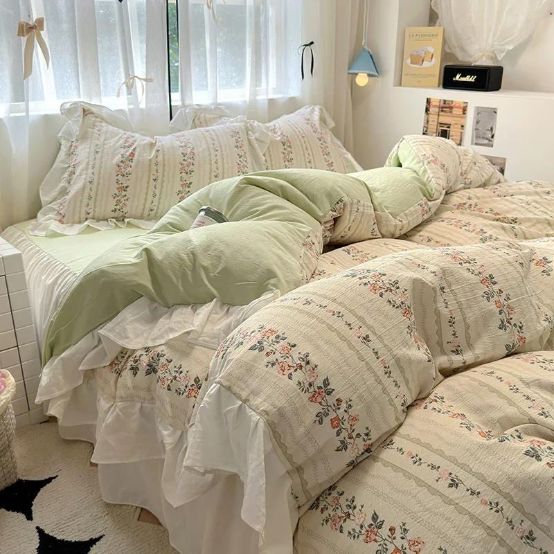 1.5/1.8 Korean Style 100% Cotton Fitted Sheet Sets with Lace Flower Print Bedding Set for Seasons Home Bedclothes for Adult Kids