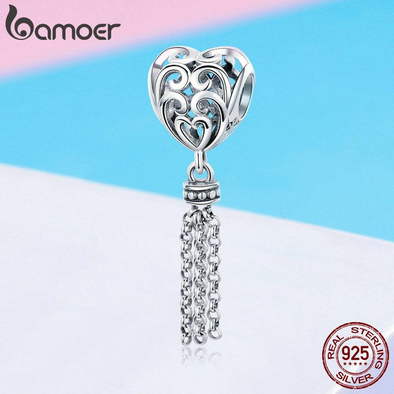 BAMOER 925 Sterling Silver Openwork Heart with Long Tassel Pendant Beads Fit Women Charm Bracelets