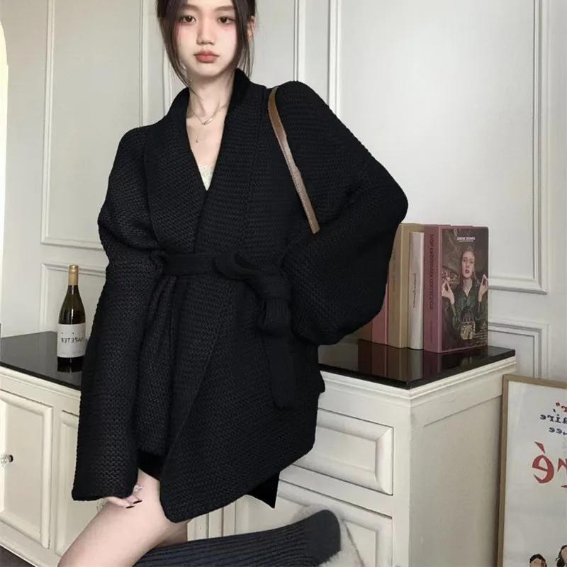 Knitted Female Cardigan Bathrobe Wind Aura Type Lace Up Autumn Winter Lazy Loose Sweater