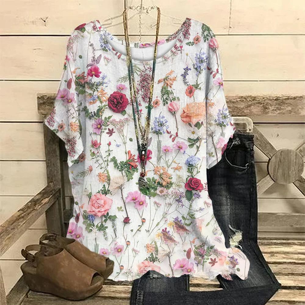 Women's T-shirt Fashion Small Floral 3D Digital Print Round Neck Five Quarter Sleeve T-shirt