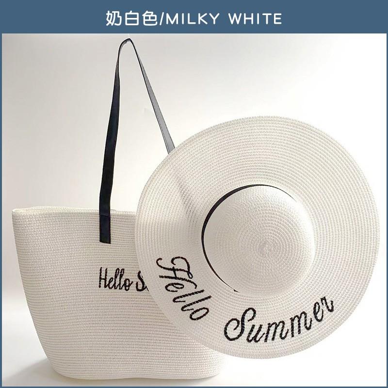 Large Straw Tote Bag Sun Hat Set Women Beach Vacation