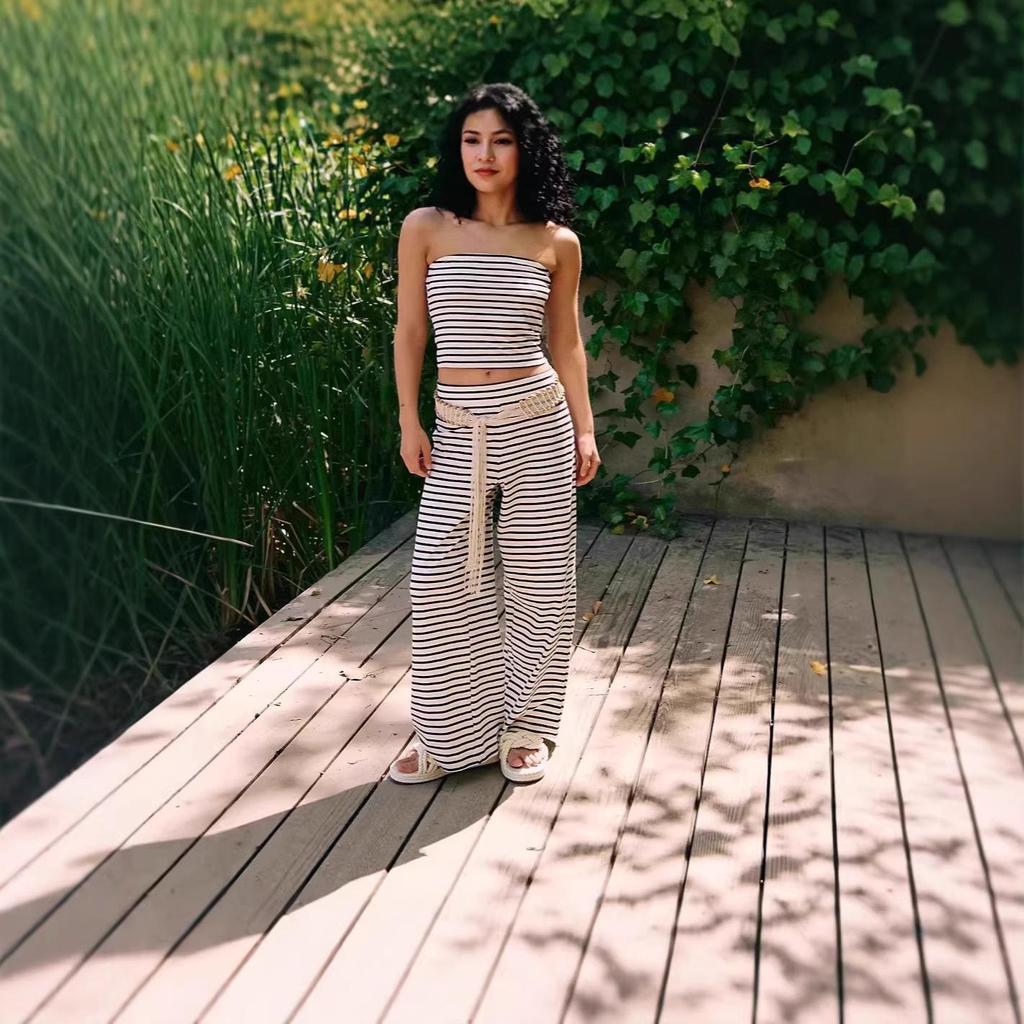 2025 Summer Striped Strapless Top & Pants Set: Sexy & Trendy