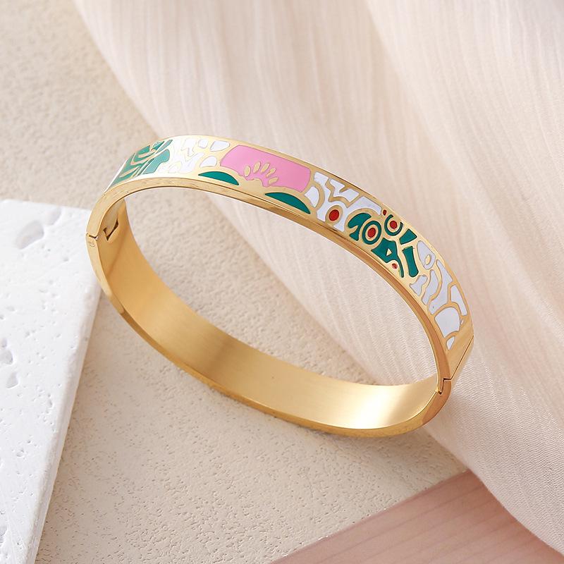 European and American Bestseller: 18K Gold Plated Titanium Steel Enamel Bracelet - Women’s Colorful Drip Oil Light Luxury Jewelry.