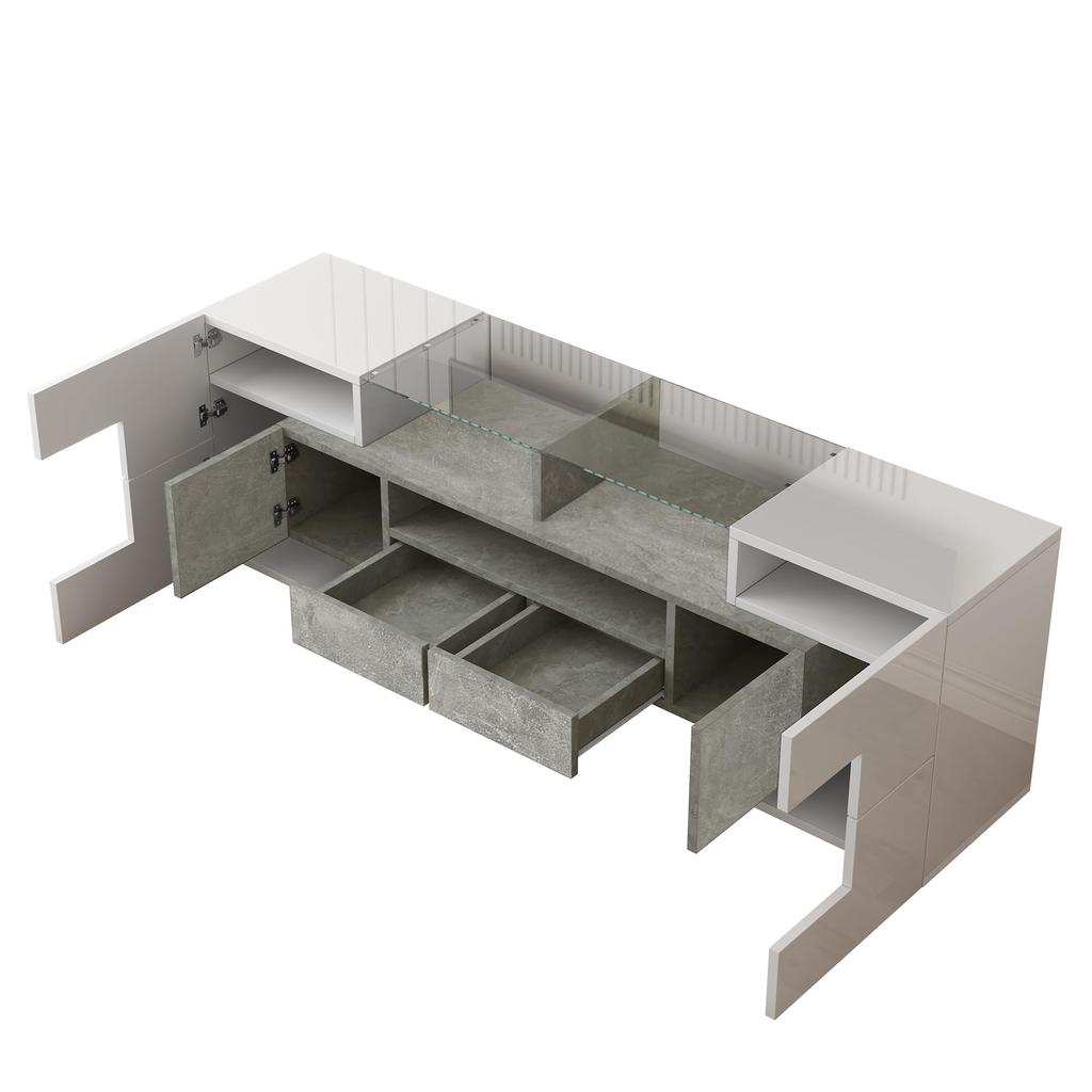 TV Cabinet, High-gloss Lowboard with Multi-colored LED Lighting, 6 Doors, 2 Drawers