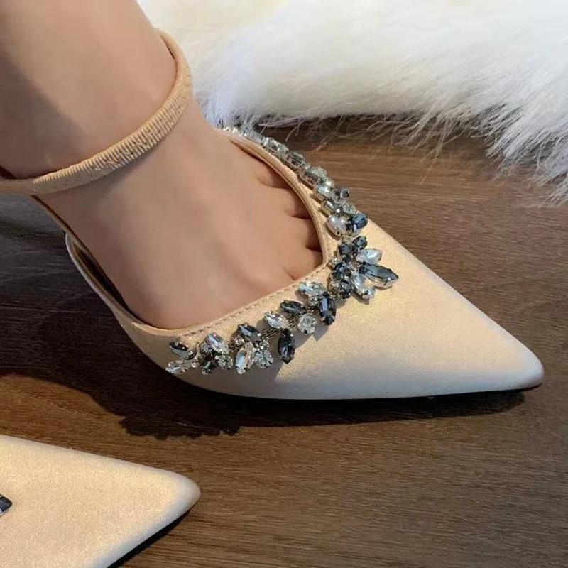 Modern High Heel Pointed Toe Sandals Women Summer Thin Heel Apricot Crystal Design Office Shoes Woman Party Shoes