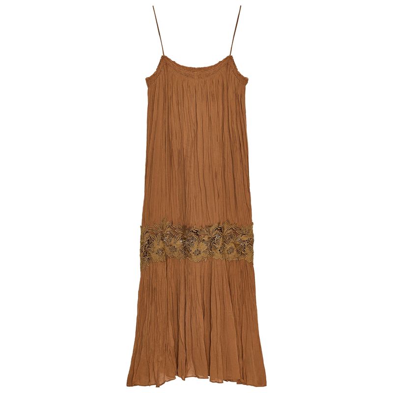 

Zaprha 2025 Лето Новое Французский стиль Ретро Продвинутое Вышивка Морщин Пэчворк Платье на бретелях 5107269 Brown L