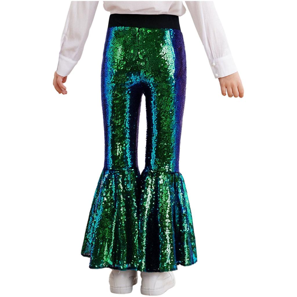 Pantaloni Compleți pentru Spectacol pe Scenă pentru Fete: Pantaloni evazați strălucitori cu paiete și talie elastică pentru dans și spectacol