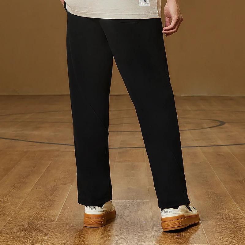Li Ning Badfive Solid Color Elastic Waist Drawstring Straight Leg Casual Knit Sports Pants Men pants Black AKLSC71-3