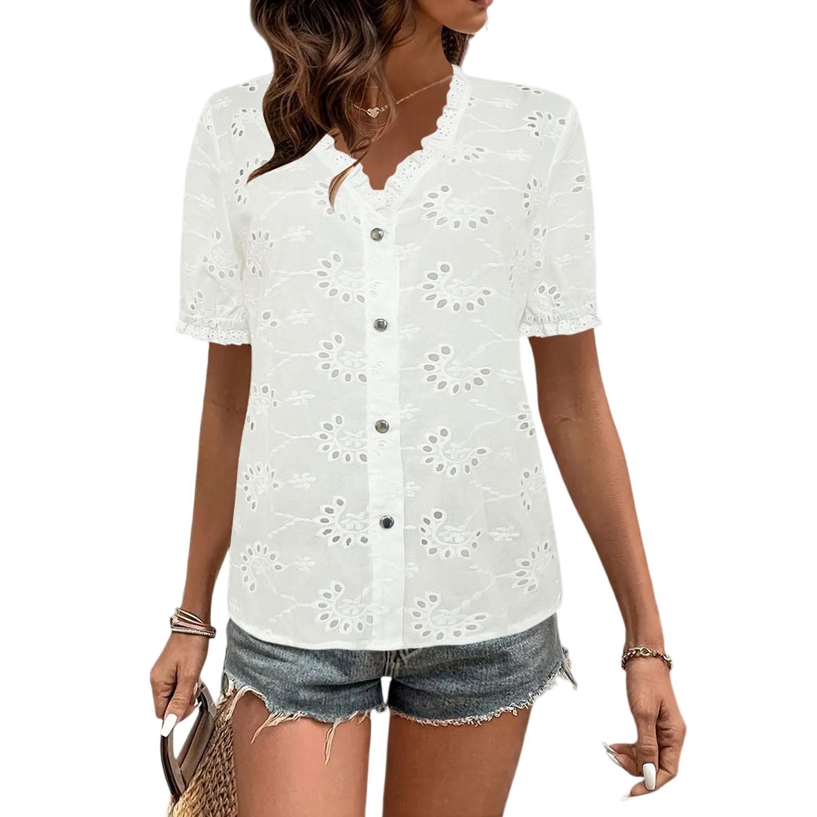 

Women s Summer Fashion Casual Shirts Cropped Petal Sleeve Eyelet Tops V Neck Shirt XL білий