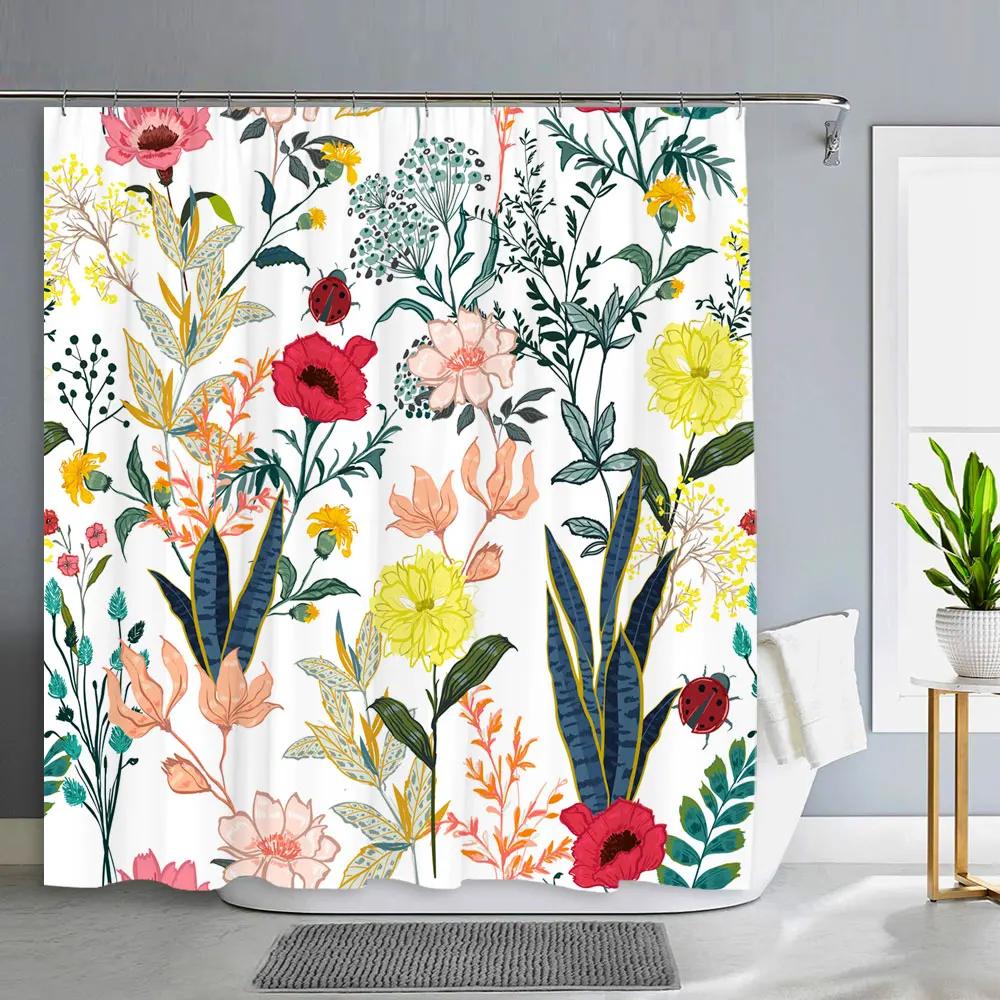 Flower Bird Shower Curtain Botanical Flower Leaf Home Decor Polyester Fabric Washable Shower Curtains Bathroom Decor With Hooks