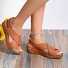 Womens Work Sandals Ladies Summer Retro Solid Colour Leather Slope Heel Thick Bottom Large Size Sandals Zapatos Mujer