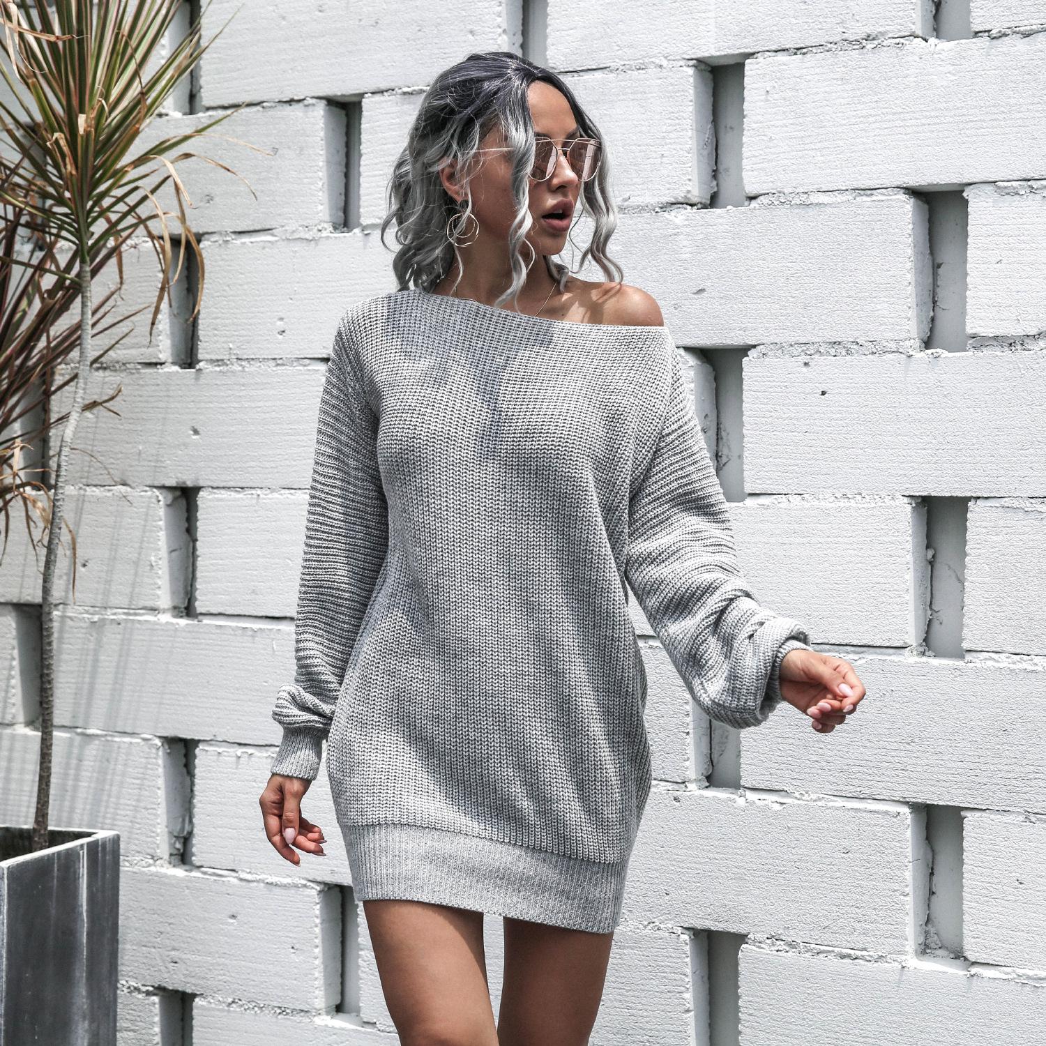 

Women s Off Shoulder Knit Sweater Dress In Khaki, White, Black, Lavender, Light Blue, Gray S серый