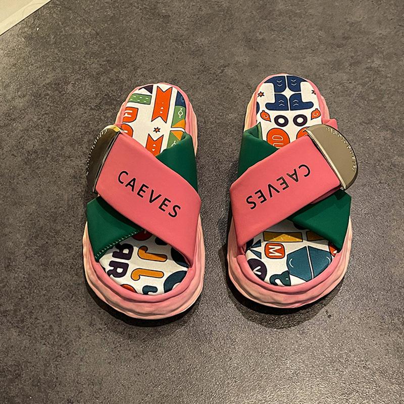 Piaohong Thick-soled Cross-cool Slippers for Women's Outer Wear 2025 Summer New Graffiti Beach Stepping On Shit Sandals for Women Non-slip