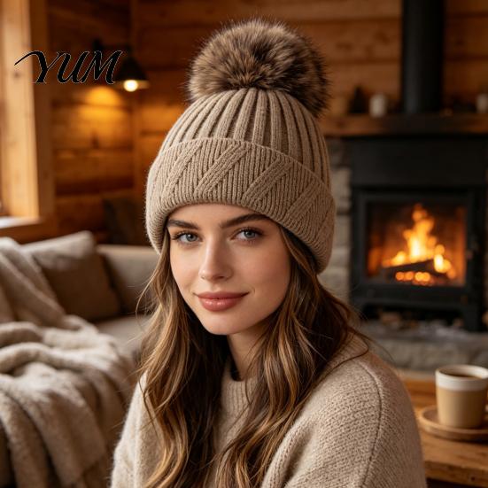 Warm Knit Caps for Daily Wear Winter Knitted Hat Women, Cold Weather Fleece Lined with Pom Thermal Beanies Pom, Chunky Snow Hat, Soft Ribbed