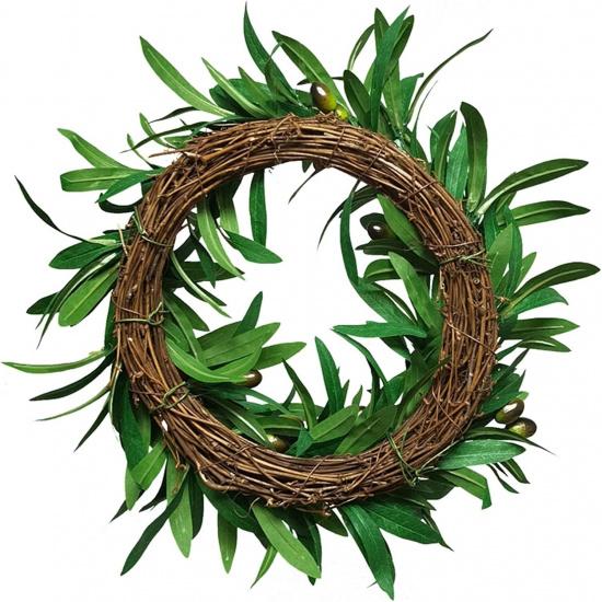 14 Inch Artificial Olive Wreath - Handcrafted Garland Branch Ornaments, Faux Front Door Hanging With Green Leaves and Fruit - Great for Wedding,