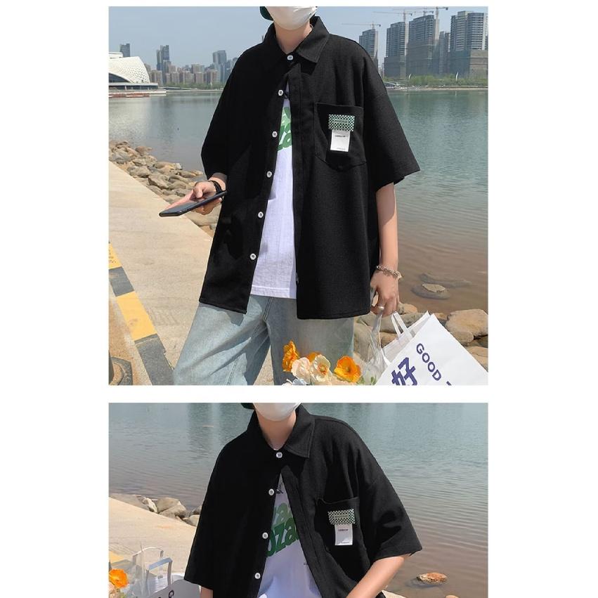 Waffle Short Sleeved Shirt For Men 2024 Summer New Korean Edition Handsome Shirt Five Quarter Sleeve Rascal Handsome Casual Top