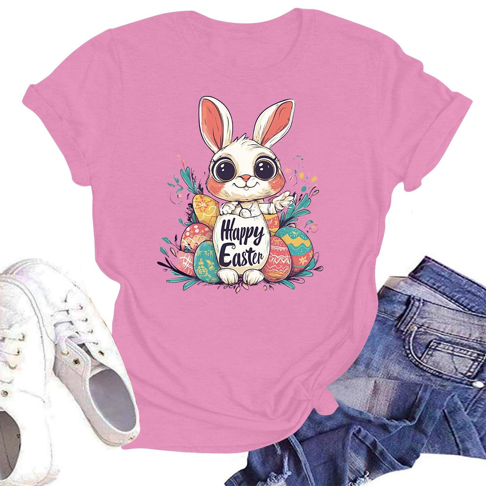 

Счастливой Пасхи женская мода принтованный круглый вырез короткий рукав футболка пуловер топ XXL розовый