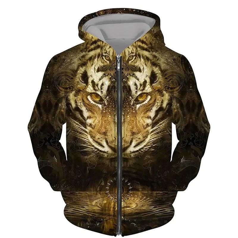 Tiger 3D Print Zip-Up Hoodie Youth Casual Loose Fit Winter Sweatshirt