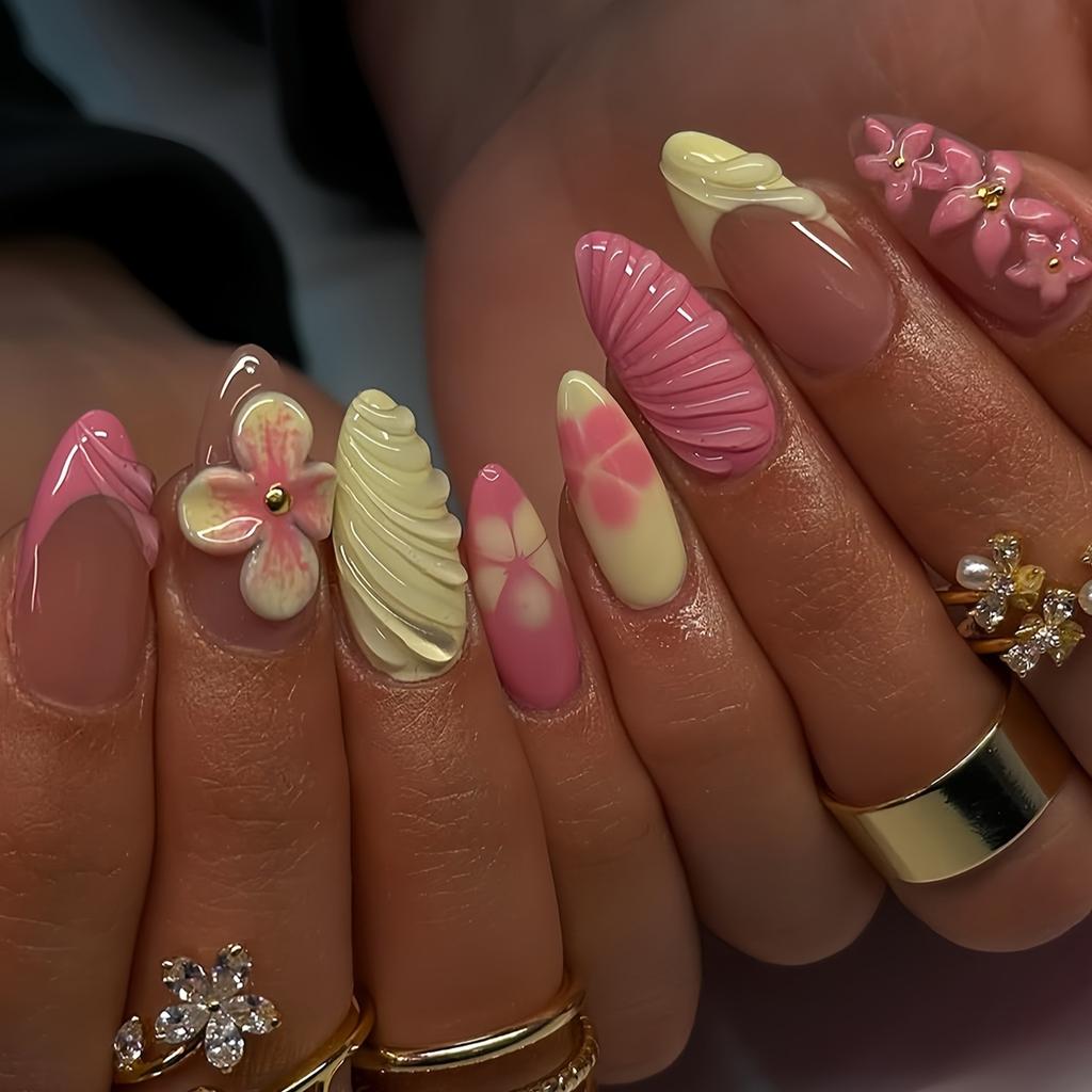 24Pcs Yellow & Pink Flower Decor French Manicure Medium Almond Shaped Artificial Nail Tips, For Ladies Daily Wear Press On Nails Nail Supplies