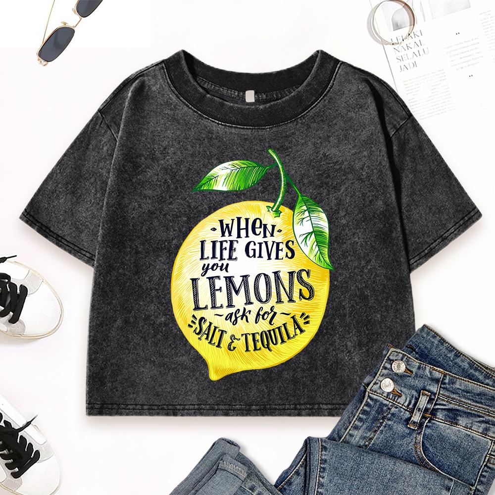 When Life Gives You Lemons Printing Women Washed T Shirts Street Hip Hop Short Sleeve Cotton Slim Top Summer T-Shirt