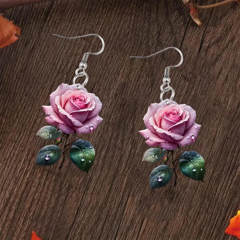 1 Pair Acrylic Rose Drop Earrings 2D Flower Hook Earrings Hypoallergenic Women Flower… More