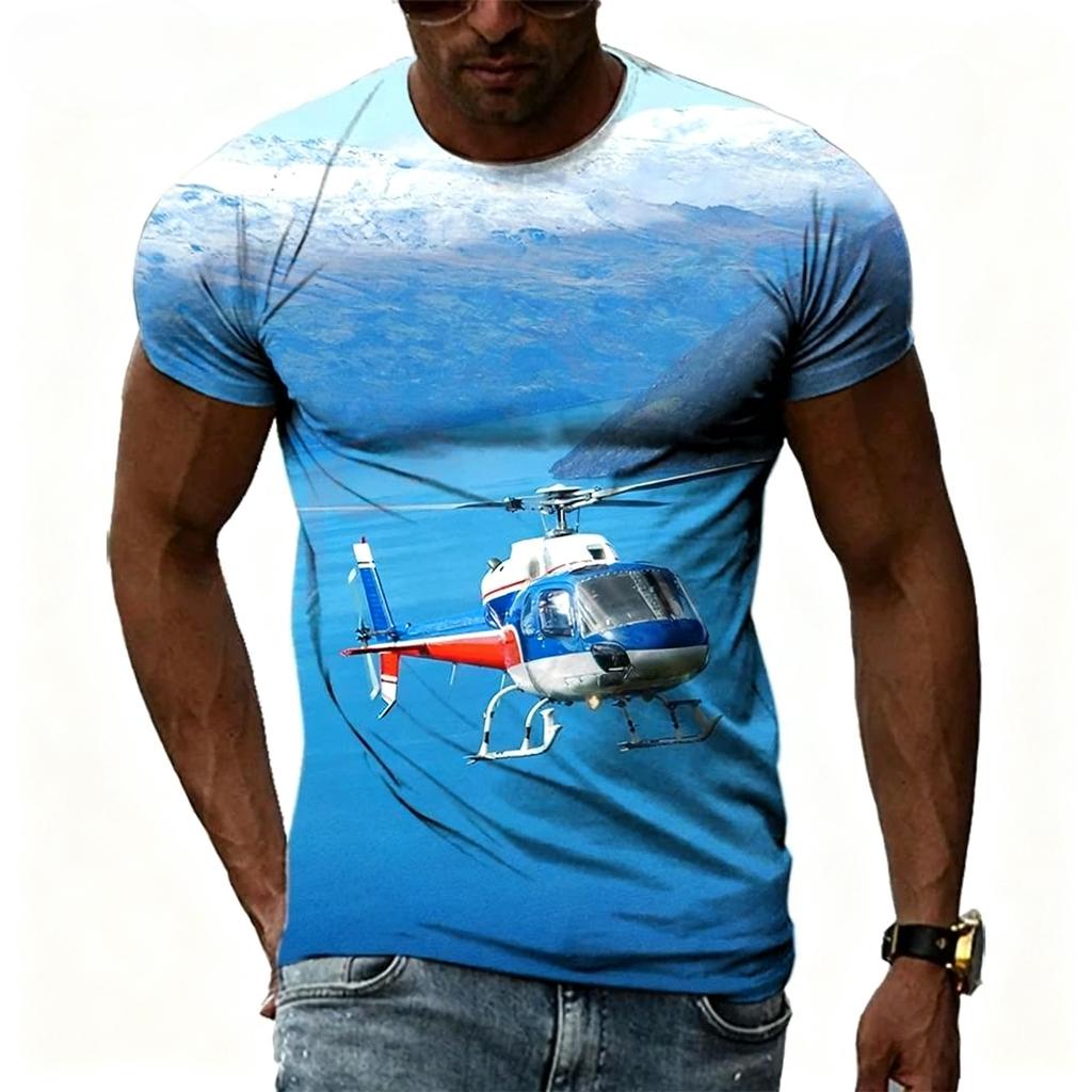Summer Round Neck 3D Helicopter Pattern Print Top Fashionable Casual Short Sleeved Men's T-shirts