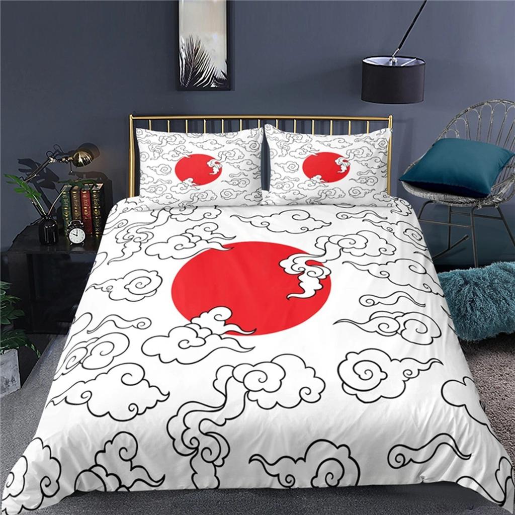 Japanese Style Print Bedding Set Luxury 3D Samurai Bedding Sunset Duvet Cover Sunset Scenery Polyester Duvet Cover Men Black Red
