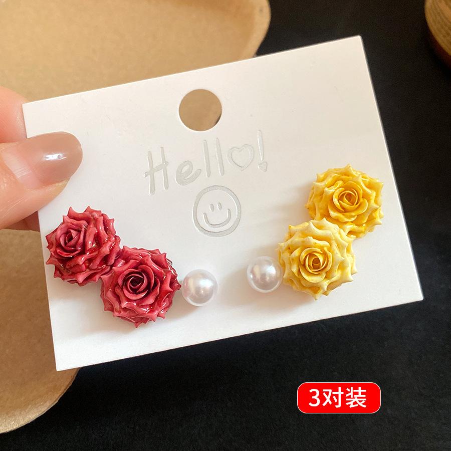 

Holiday style pearl flower stud earrings six-piece set sweet small fresh temperament earrings niche high-end earrings