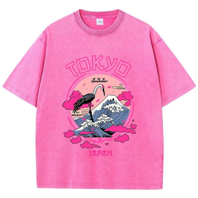 Vintage Womens Acid Wash T-Shirts Tokyo Harajuku Printing Tees Crewneck Cotton Oversized Short Sleeve Fashion  Clothes