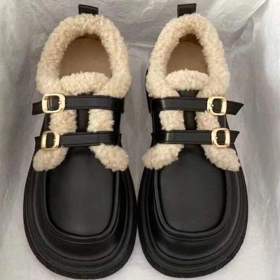 Size 31-46 British Style Retro Platform Small Leather Shoes, New Velvet Warm Cute Bow Mary Jane Shoes