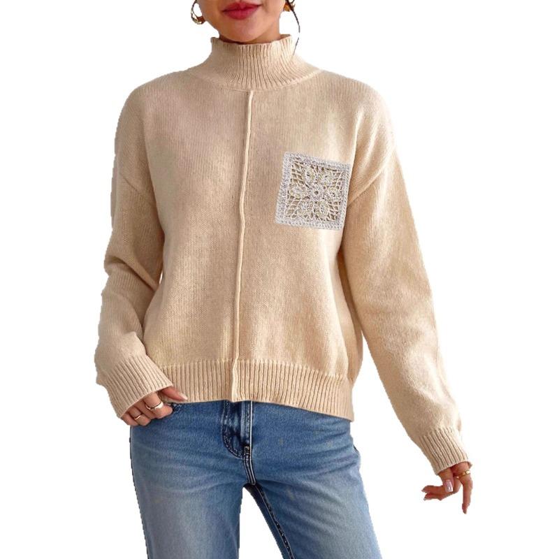 European and American Women's Half-high Neck Pullover Sweater Sequin Hollow Pocket Splicing Sweater
