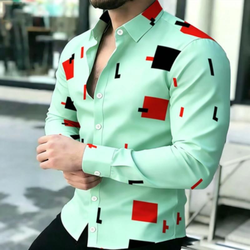Men's short sleeved shirt, European and American men's geometric square long sleeved shirt, lapel contrasting color block printe