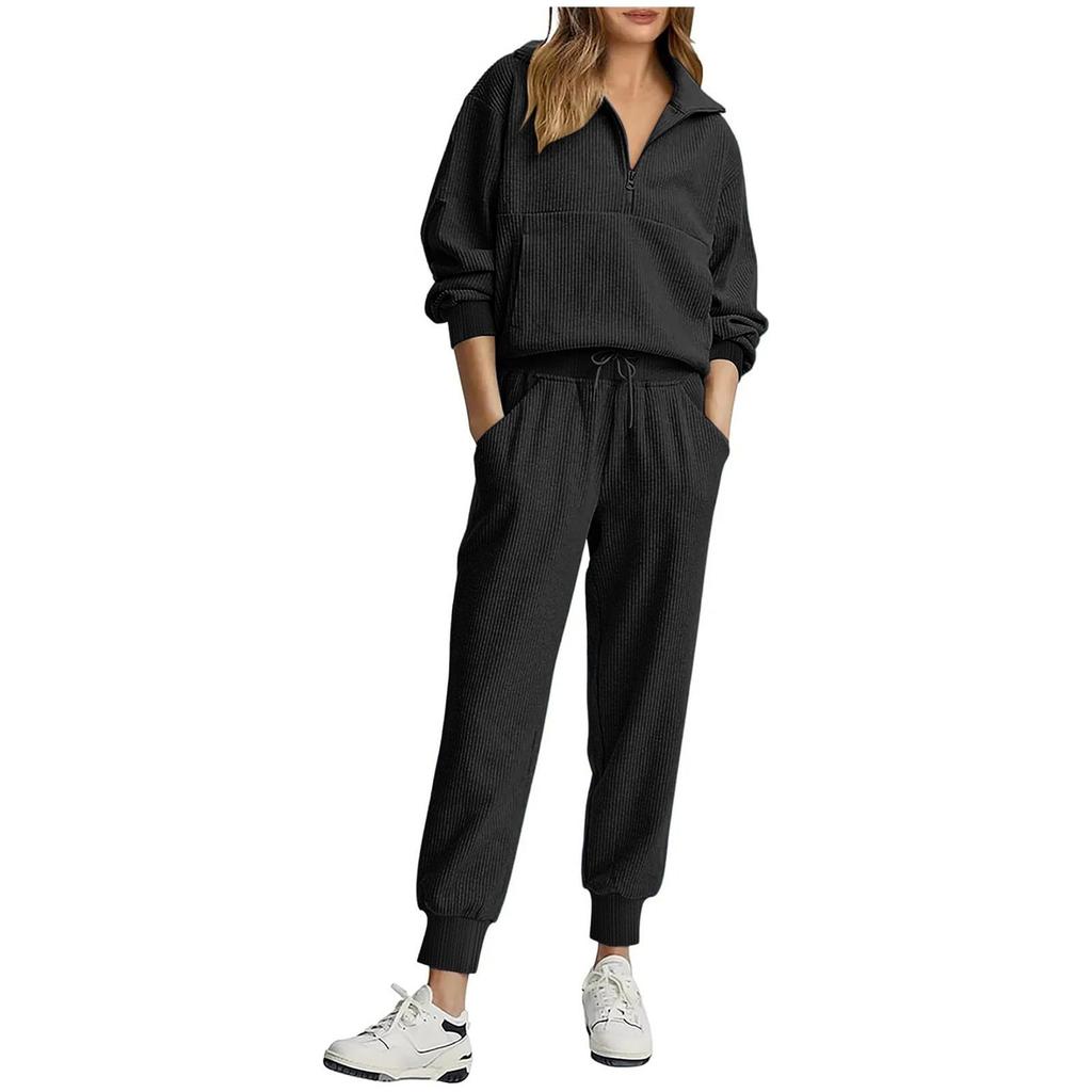 Women's Casual Half Zip Long Sleeve Top and Pants Set