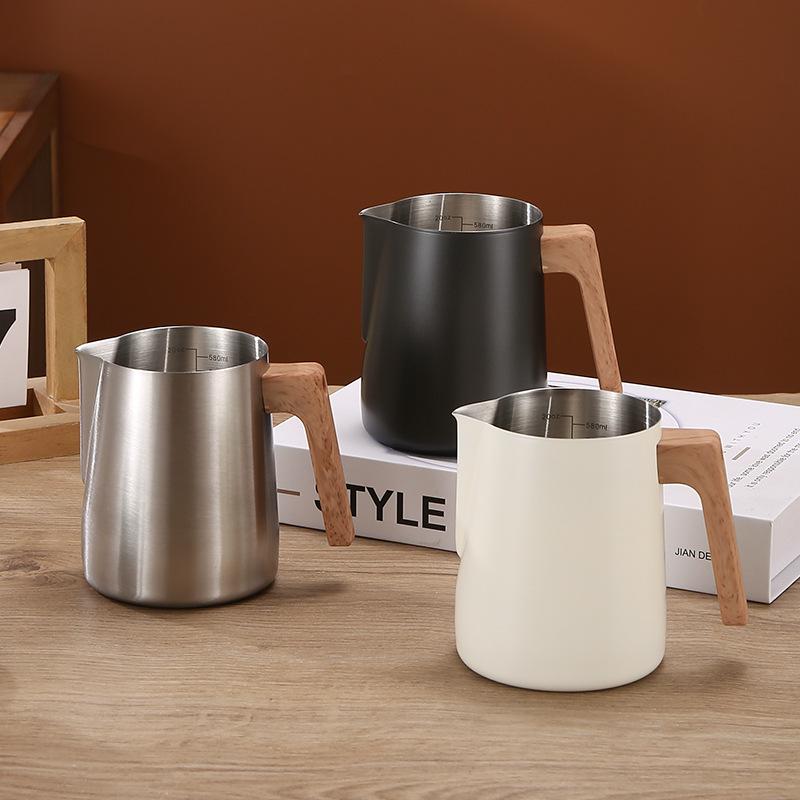Wood Grain Handle Latte Art Cup, 304 Stainless Steel with Scale, Milk Frothing Pitcher