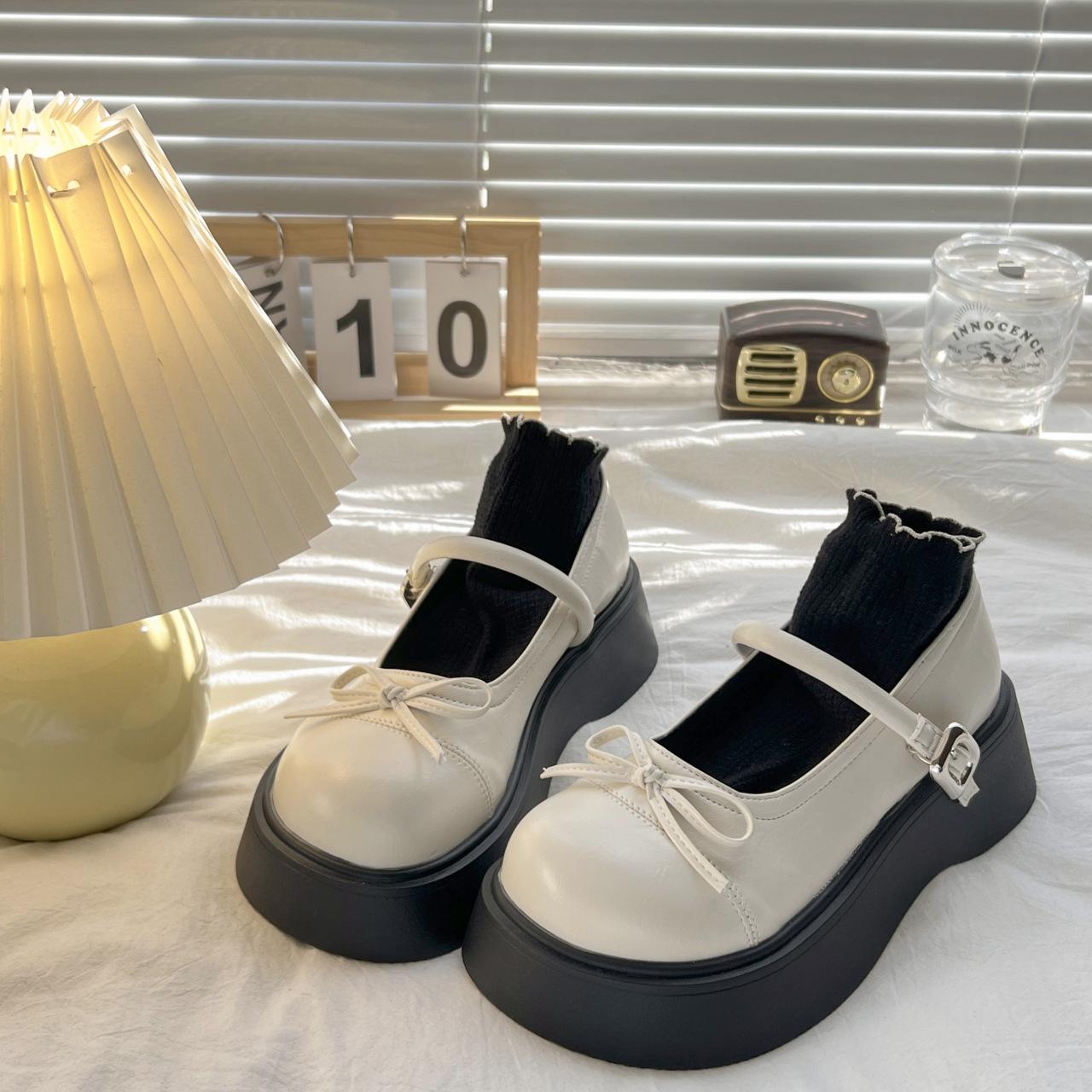 

Platform Mary Jane shoes women s summer 2025 new muffin with skirt bow one-word buckle with jk small leather shoes 35