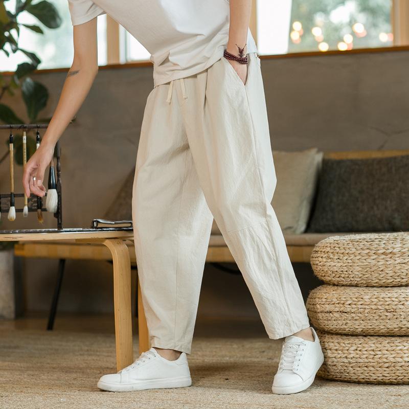 Men's Plus Size Loose Casual Pants Solid Color Straight Cotton Linen Nine-minute Pants