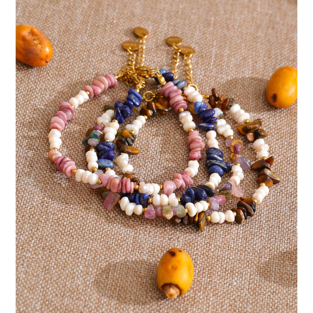 Yhpup Natural Stone Freshwater Pearl Beads Chain Handmade Bracelet Bangle Waterproof Stainless Steel Basic Wrist Summer Jewelry