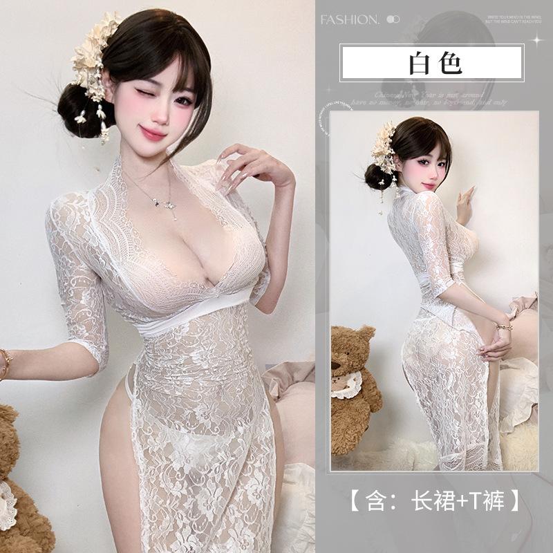 Sexy lingerie women's pure lace temptation long dress hot side split uniform free suit