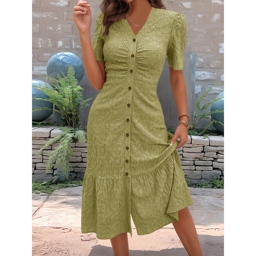 Damen V-Ausschnitt Kurzarm Knopfleiste Midi-Kleid mit Rüschensaum für Sommerliche Freizeitkleidung